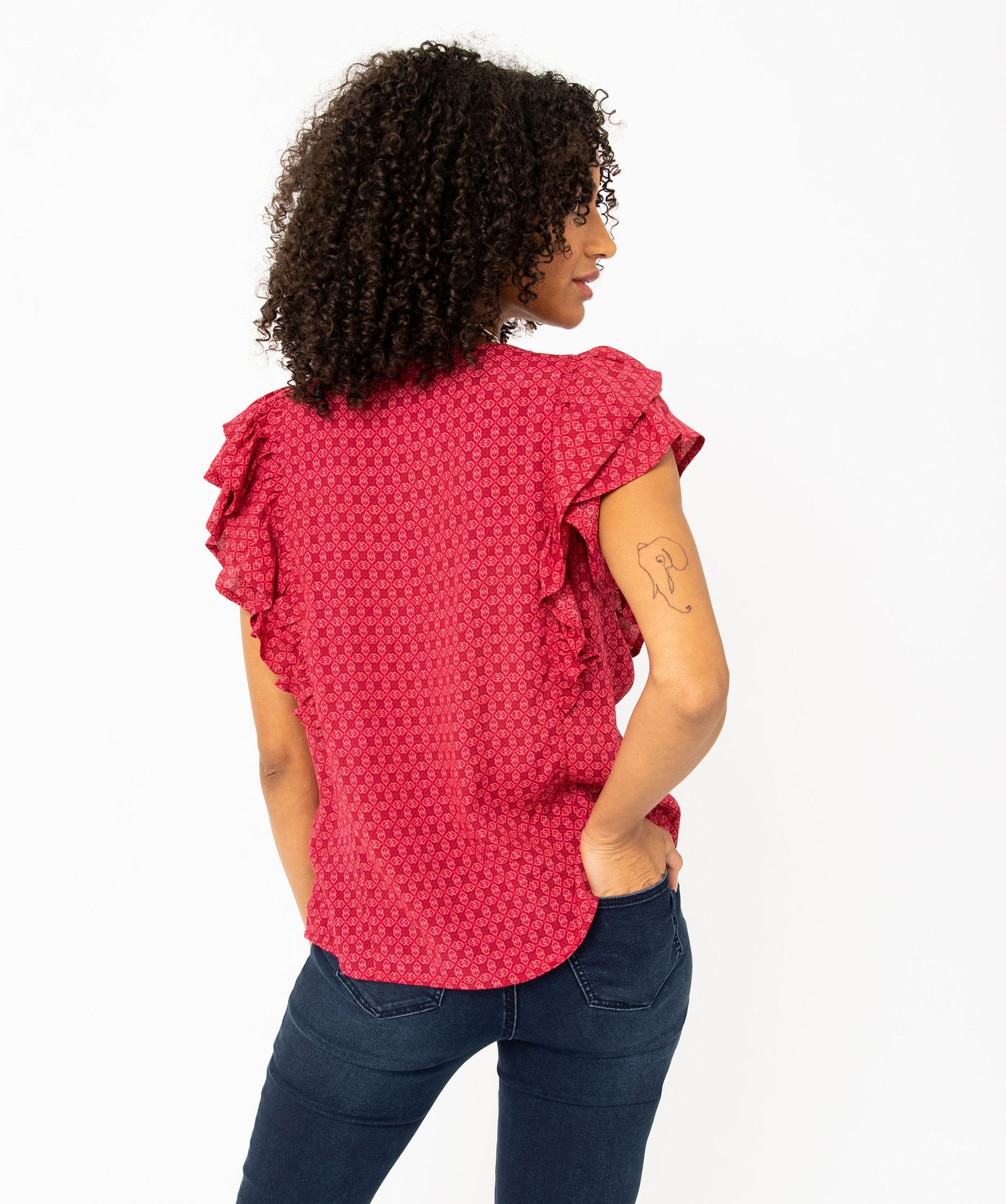 Blouse ample sans manches à col V et volants femme rose | GEMO
