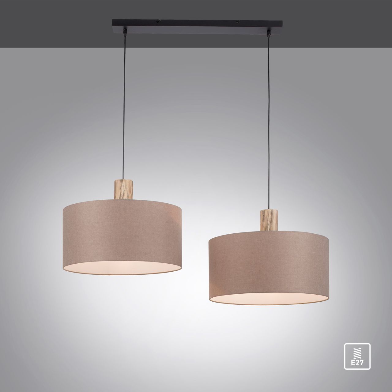 JUST LIGHT LeuchtenDirekt Pendelleuchte LINEN, Holzapplikation, natürlicher Materialmix, 2x E27/60W exkl., Innenleuchte