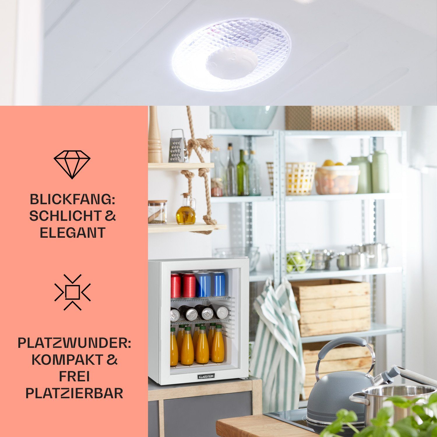 Klarstein Table Top Kühlschrank HEA-Brooklin-50Wht 10035227A, 53.5 cm hoch, 40 cm breit, Hausbar Minikühlschrank ohne Gefrierfach Getränkekühlschrank Glastür