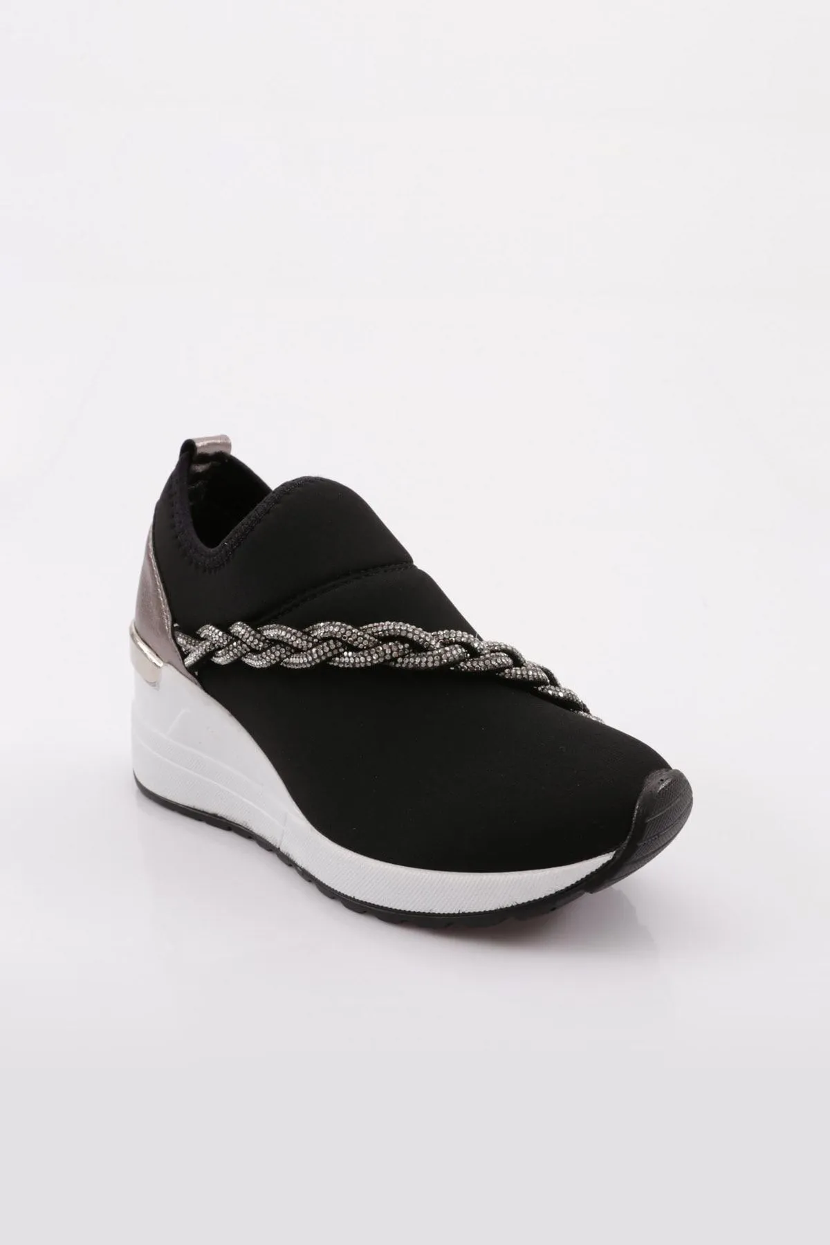 DGN  Schwarze Platin-Sneakers für Damen Modell 0112 – Dicke Sohle mit silbernen Steinen und floralem Detail