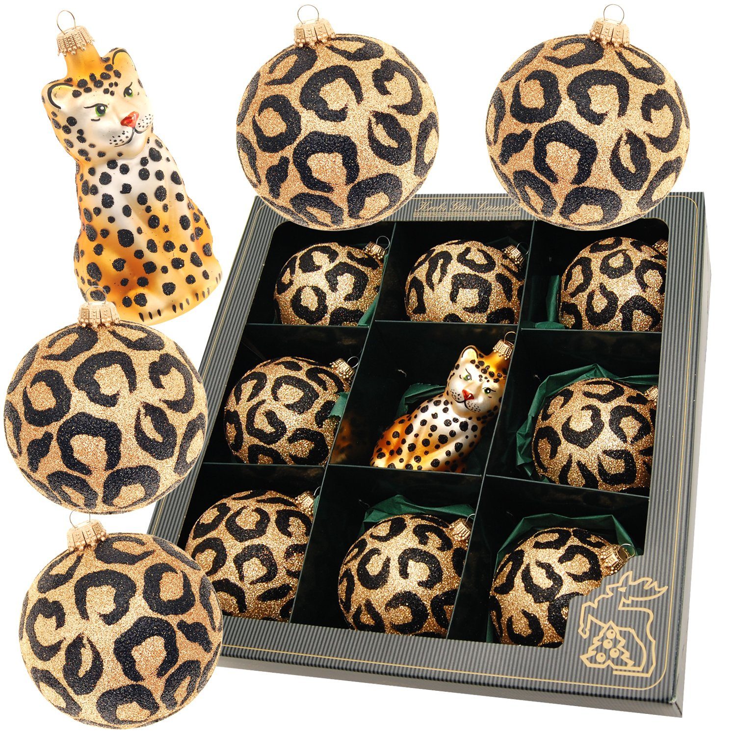 Krebs Glas Lauscha Christbaumschmuck Glaskugelset Africa Xmas, 9-teilig, 8 Kugeln Leopard Look, 1 Leopard, (9-tlg)