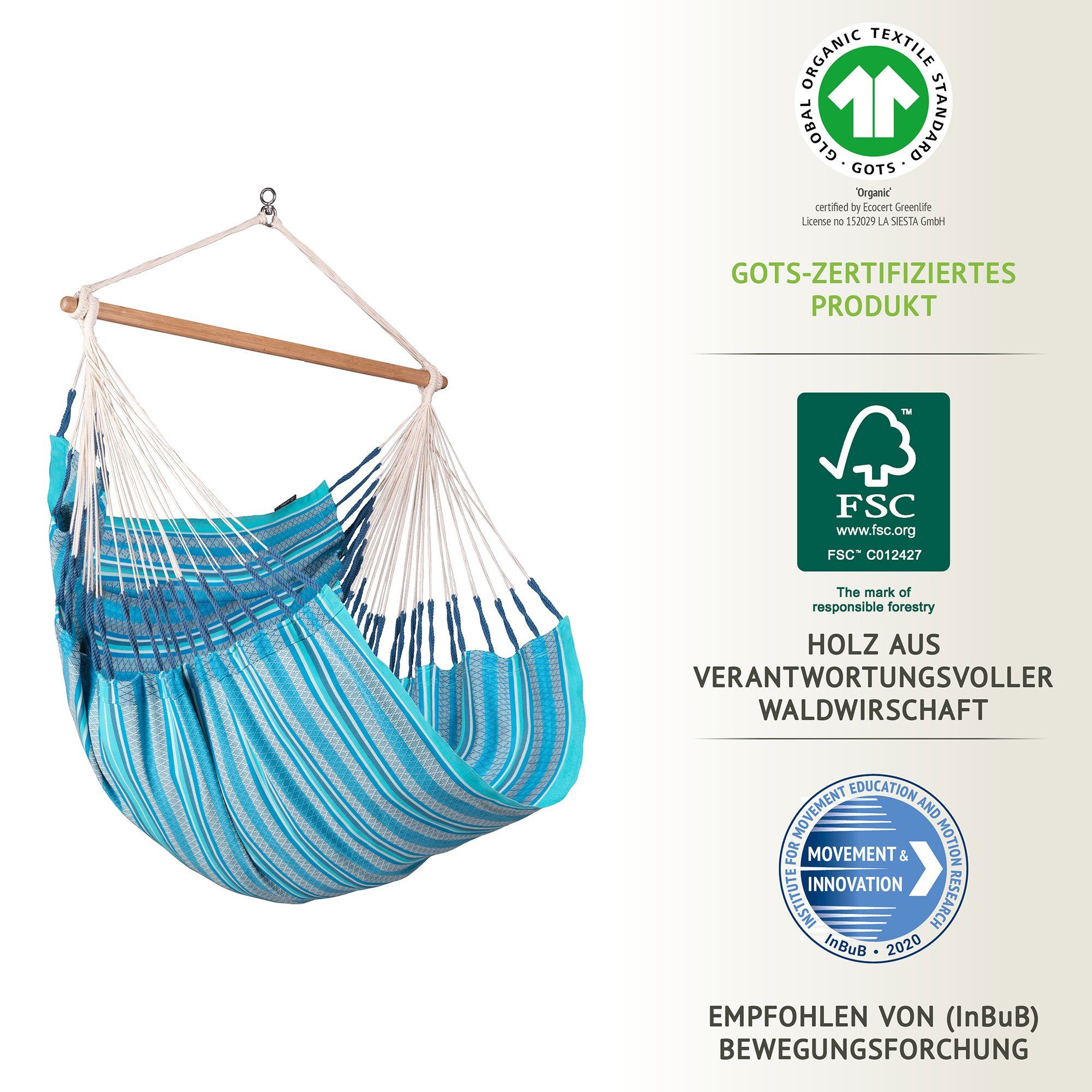 La Siesta Hängestuhl Hängestuhl Habana Azure - Hängestuhl aus Bio Baumwolle Comfort Size, Hochwertige Qualität