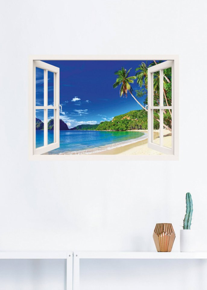 Wandsticker mit Fensterblick auf Palmen und Meer