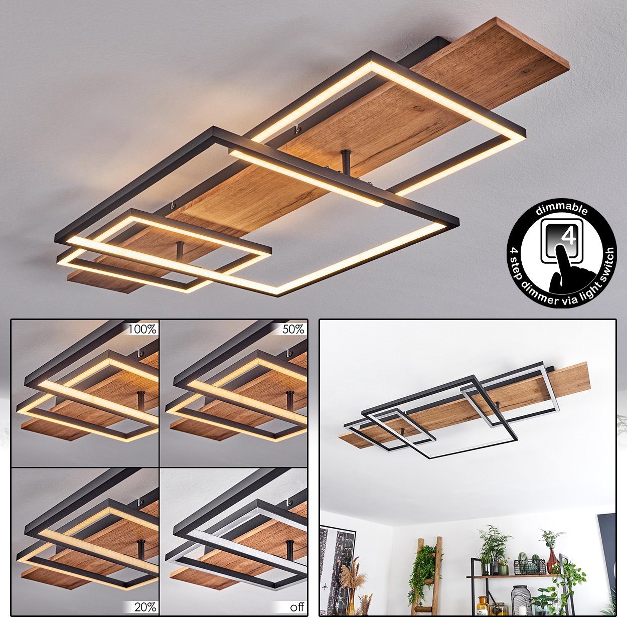 hofstein Deckenleuchte Palermo dimmbare Deckenlampe aus Metall/Holz, 3000 Kelvin