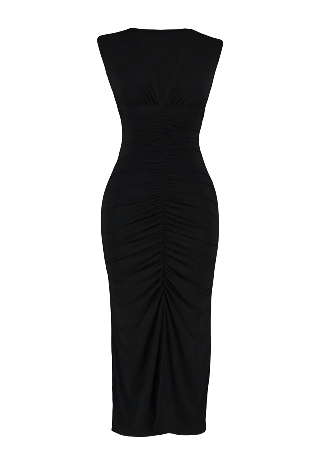 Trendyol Collection  Schwarzes tailliertes/figurbetontes Midi-Bleistiftkleid aus flexiblem Strick mit Raffung TWOSS23EL00751