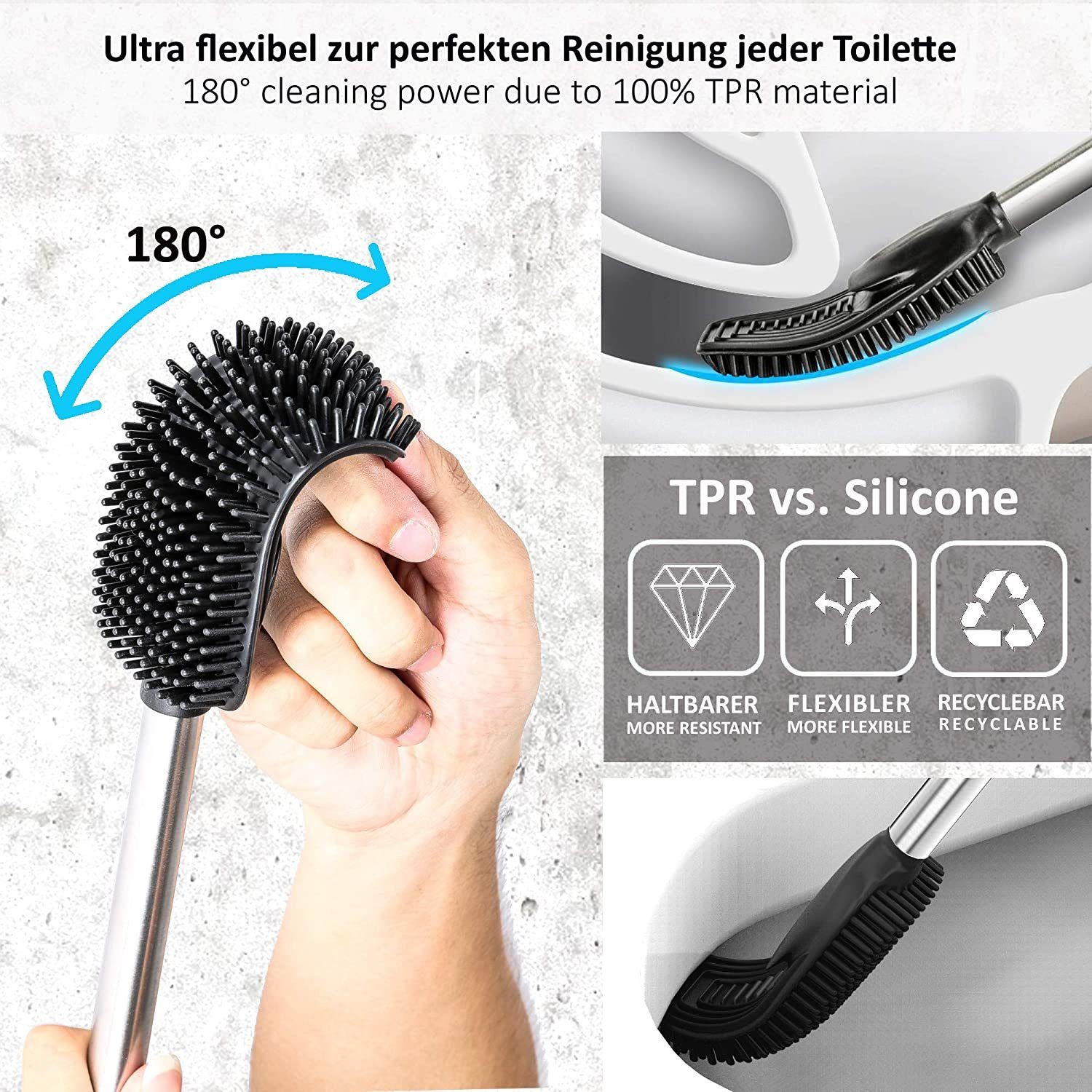 Arteneur WC-Reinigungsbürste 3in1 Toilettenbürste aus Silikon mit WC Bürsten Halter, Badezimmer, Gästebad, WC, WC Bürste ist auswechselbar, rostfrei, WC-Bürstenhalter inkl. WC Bürste+Stiel