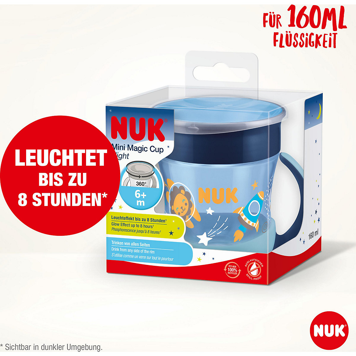 NUK Mini Magic Cup Night, 160ml, einzigartiger Trinkrand, abdichtende Silikonscheibe, ab 6 Monaten, 1 Stück, Blau