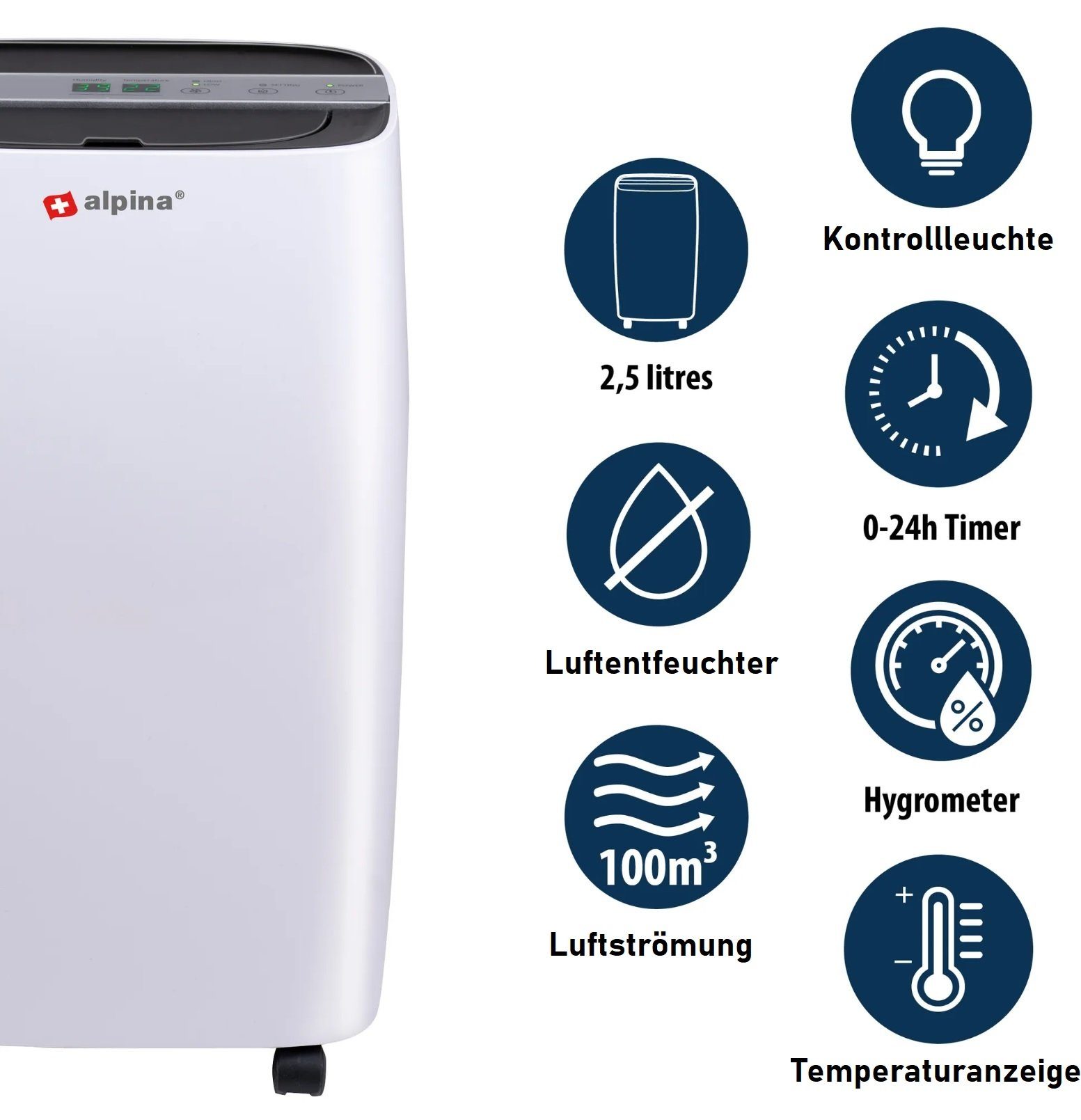 JUNG Luftentfeuchter Alpi Luftentfeuchter elektrisch 220W Raumentfeuchter leise Entfeuchter, für 100 m³ Räume, Entfeuchtung 10,00 l/Tag, Tank 2,50 l, Raumluft Entfeuchter, Extra leise gegen Schimmel, zu Hause entfeuchten