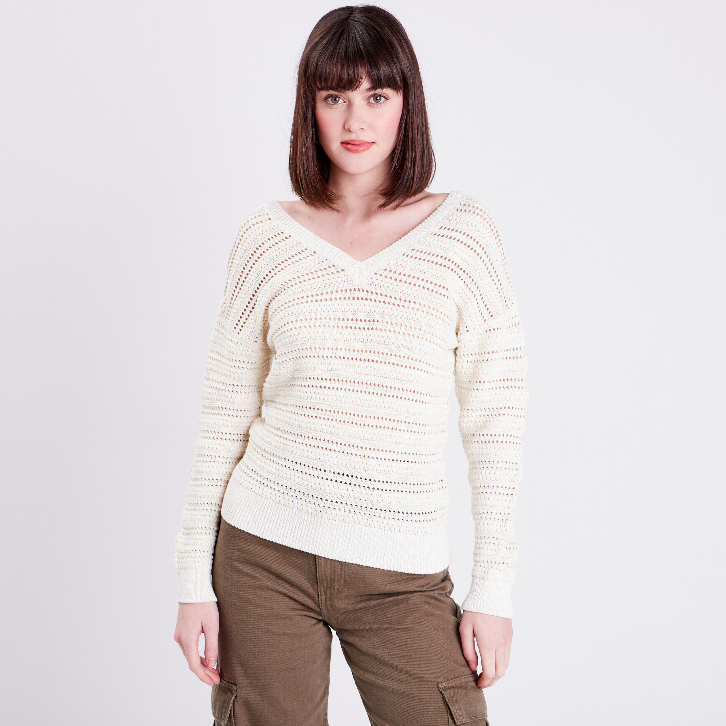 Pull ajouré col en V ecru femme | Cache Cache