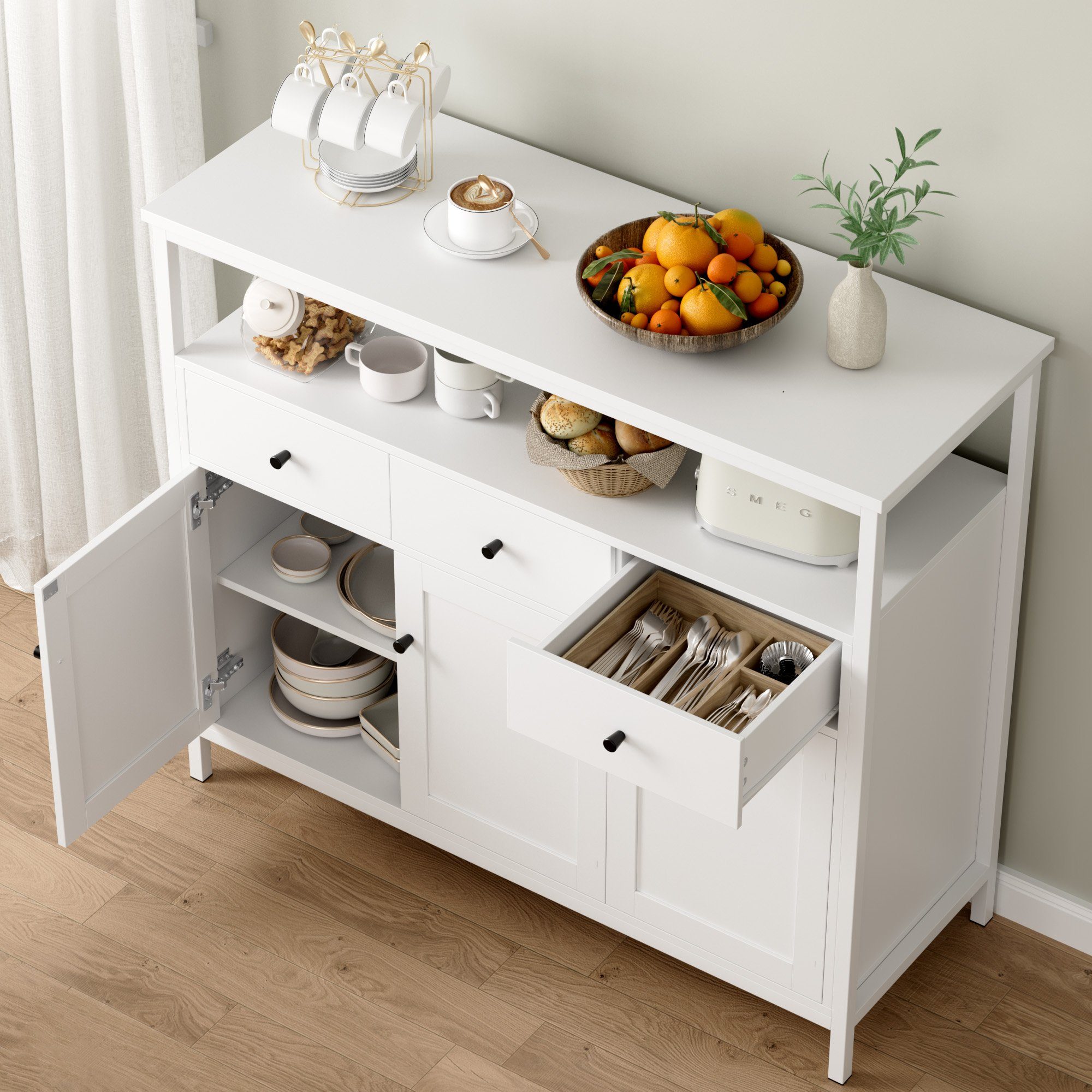 Homfa Sideboard, Küchenschrank mit 3 Schubladen 3 Türen Kommode weiß 108x38x98,5cm