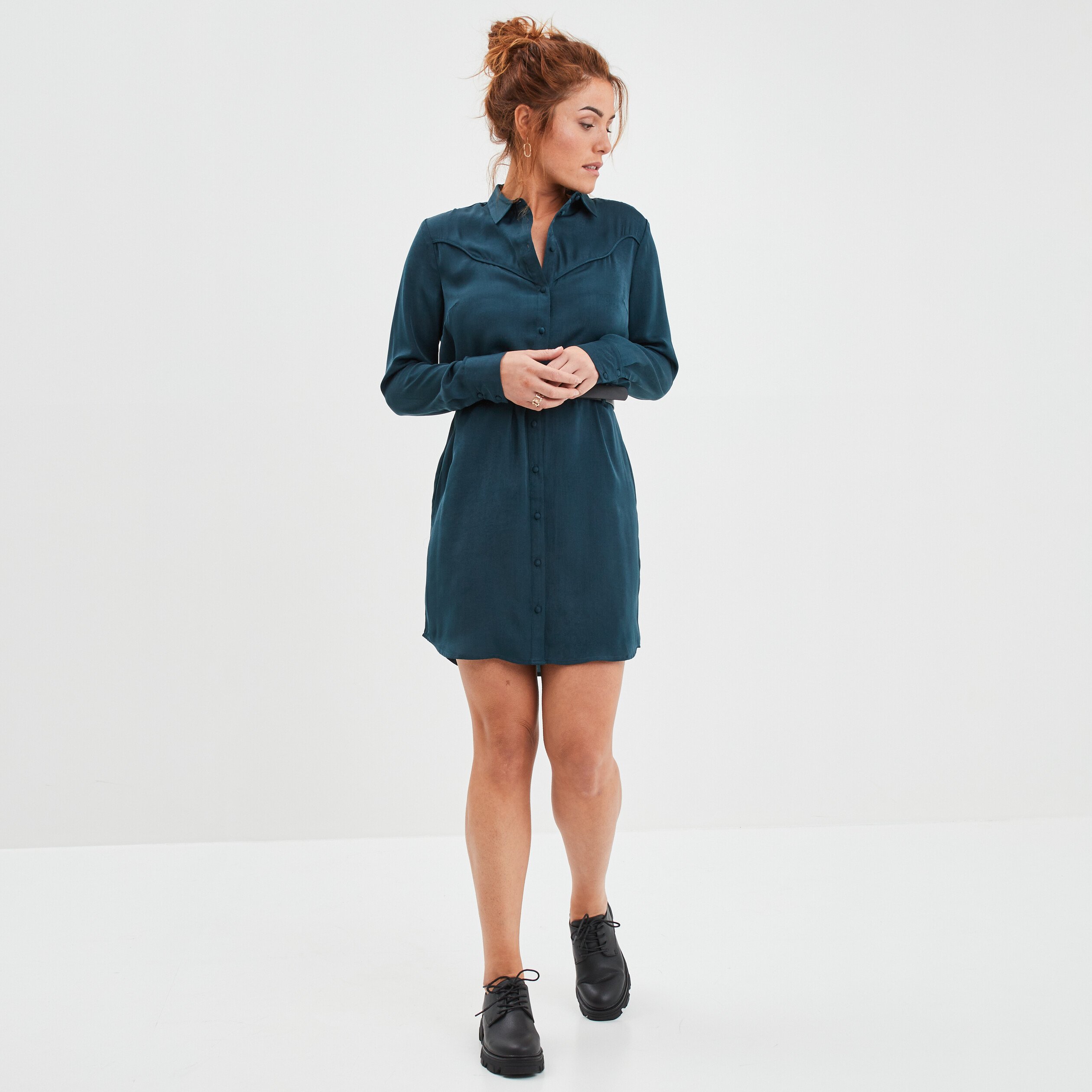 Robe chemise évasée ceinturée Liberto bleu canard femme | La Halle