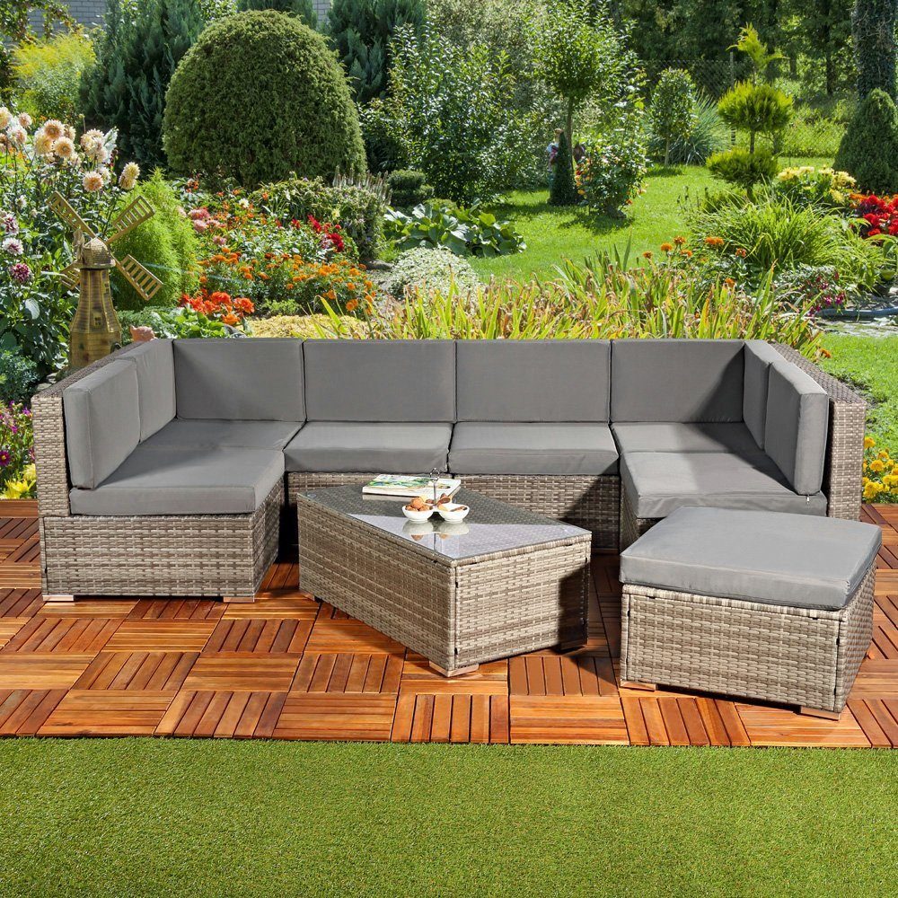 Melko Gartenlounge-Set Sitzgruppe Gartenlounge Sitzgarnitur Set aus Polyrattan in Schwarz, Grau oder Braun XXL Lounge Gartenmöbel, (Set, 8-tlg), Kissen inkl. Reißverschluss, daher abnehm- und waschbar