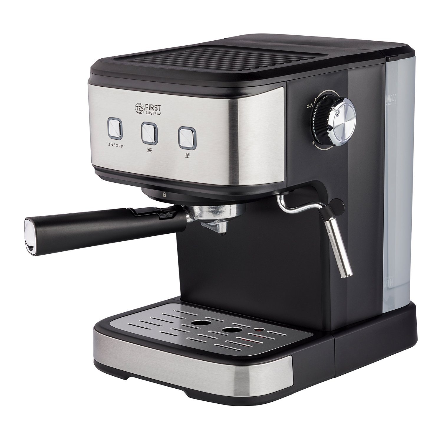 TZS FIRST AUSTRIA Siebträgermaschine Espresso Siebträgermaschine, elektrisch, mit Milchschäumer, Edelstahl, tauglich für Pads, 1,5 L Wassertank, inkl. 2in1 Messlöffel und Tamper