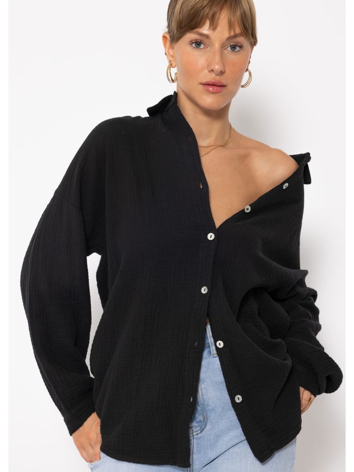 SASSYCLASSY Musselin Bluse im Regular Fit in Schwarz günstig kaufen