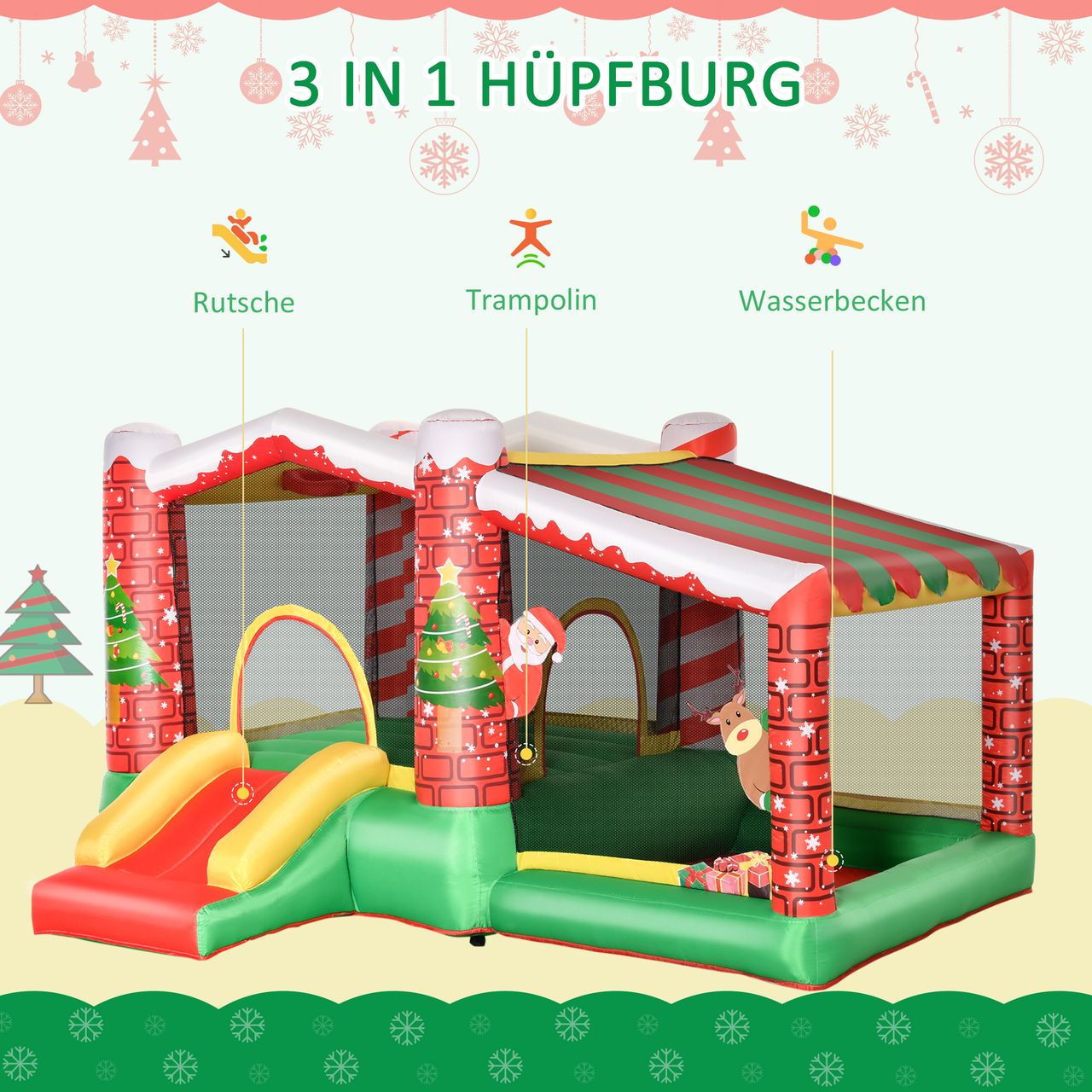 Outsunny Weihnachten Aufblasbare Hüpfburg Trampolin kleine Rutsche Ballgrube für 3 Kinder Springburg mit Gebläse für 3-8 Jahre Kindergarten Oxford-Gewebe Polyester Rot Grün 325 x 270 x 175 cm
