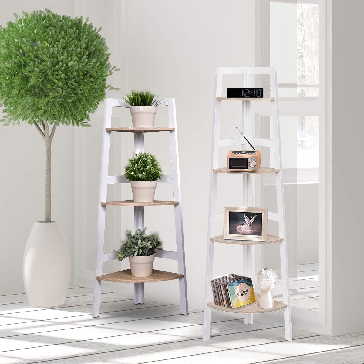 KOMFOTTEU Eckregal Standregal, aus Holz, 4 Ebene