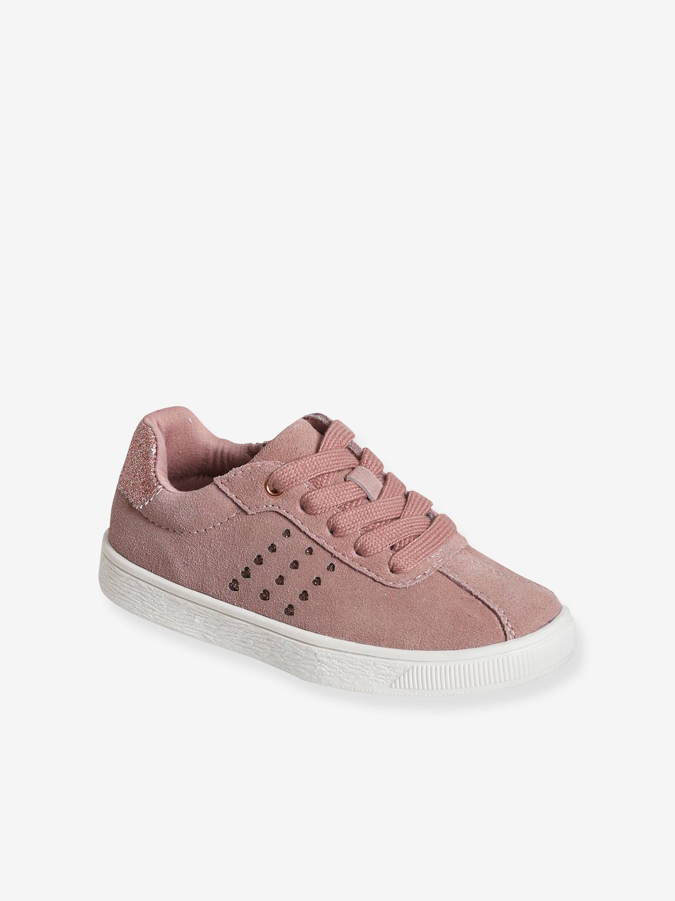 Baskets cuir fille lacées et zippées détails paillettes rose