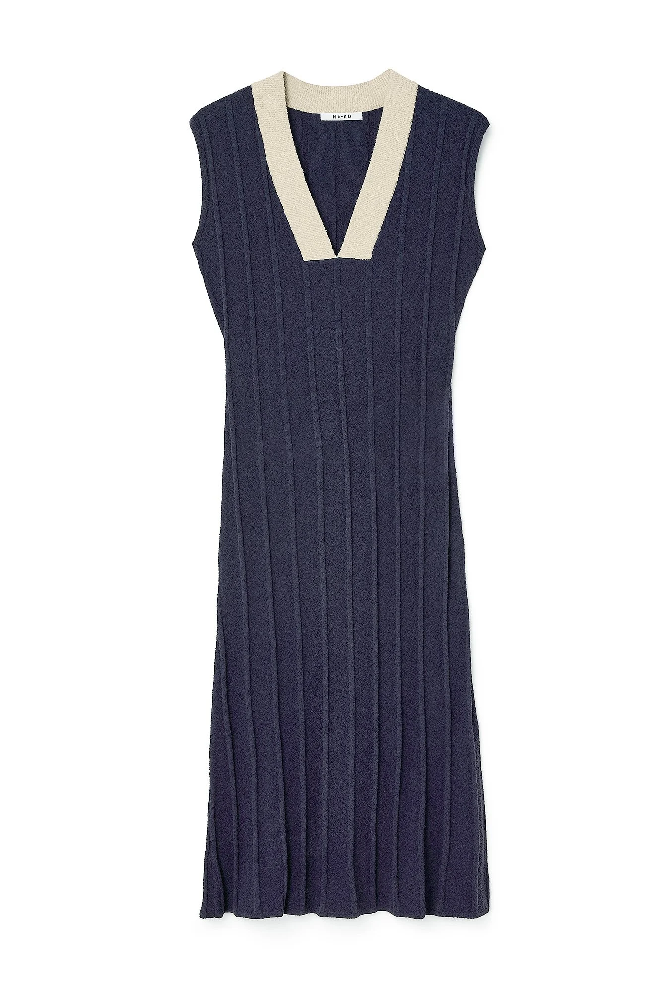 Geripptes Strick-Midikleid mit V-Ausschnitt