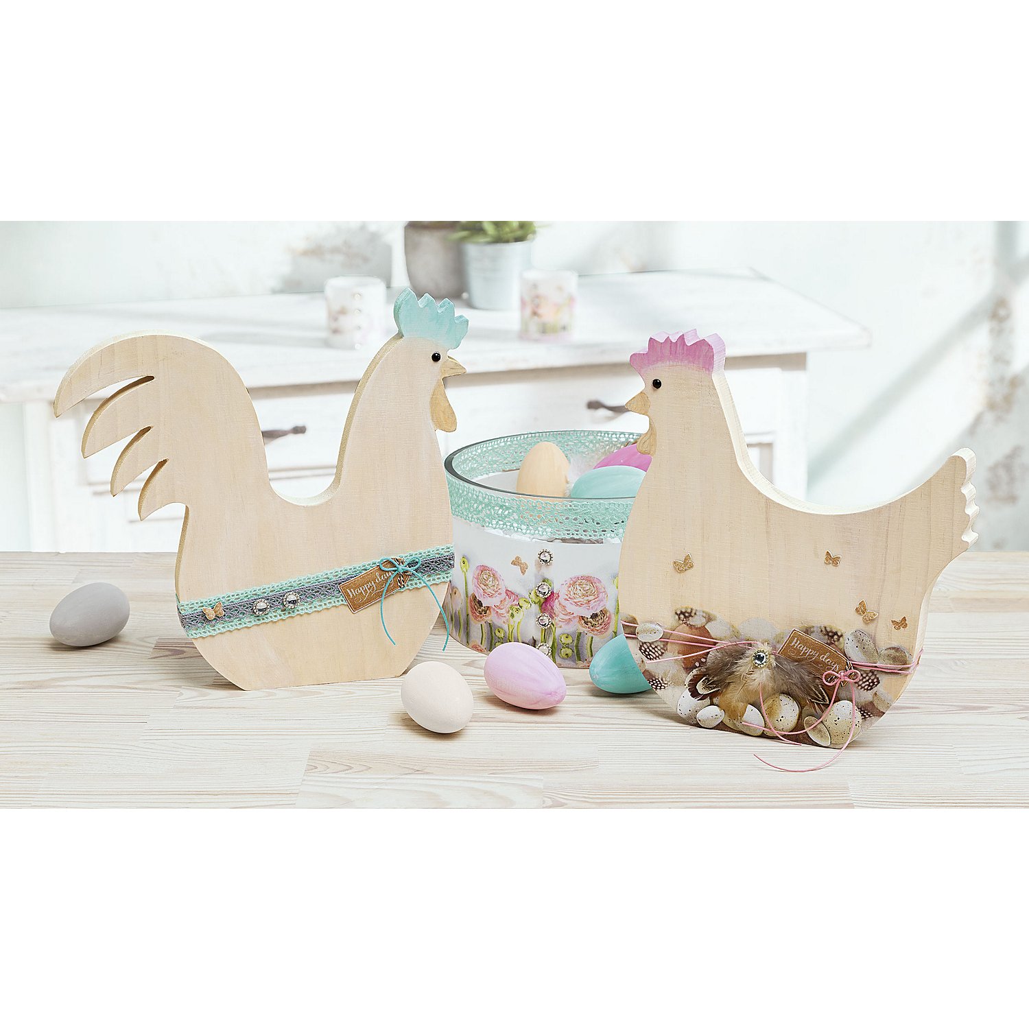 Huhn und Hahn aus Holz, 25,5 cm und 24,5 cm, 2 Stück