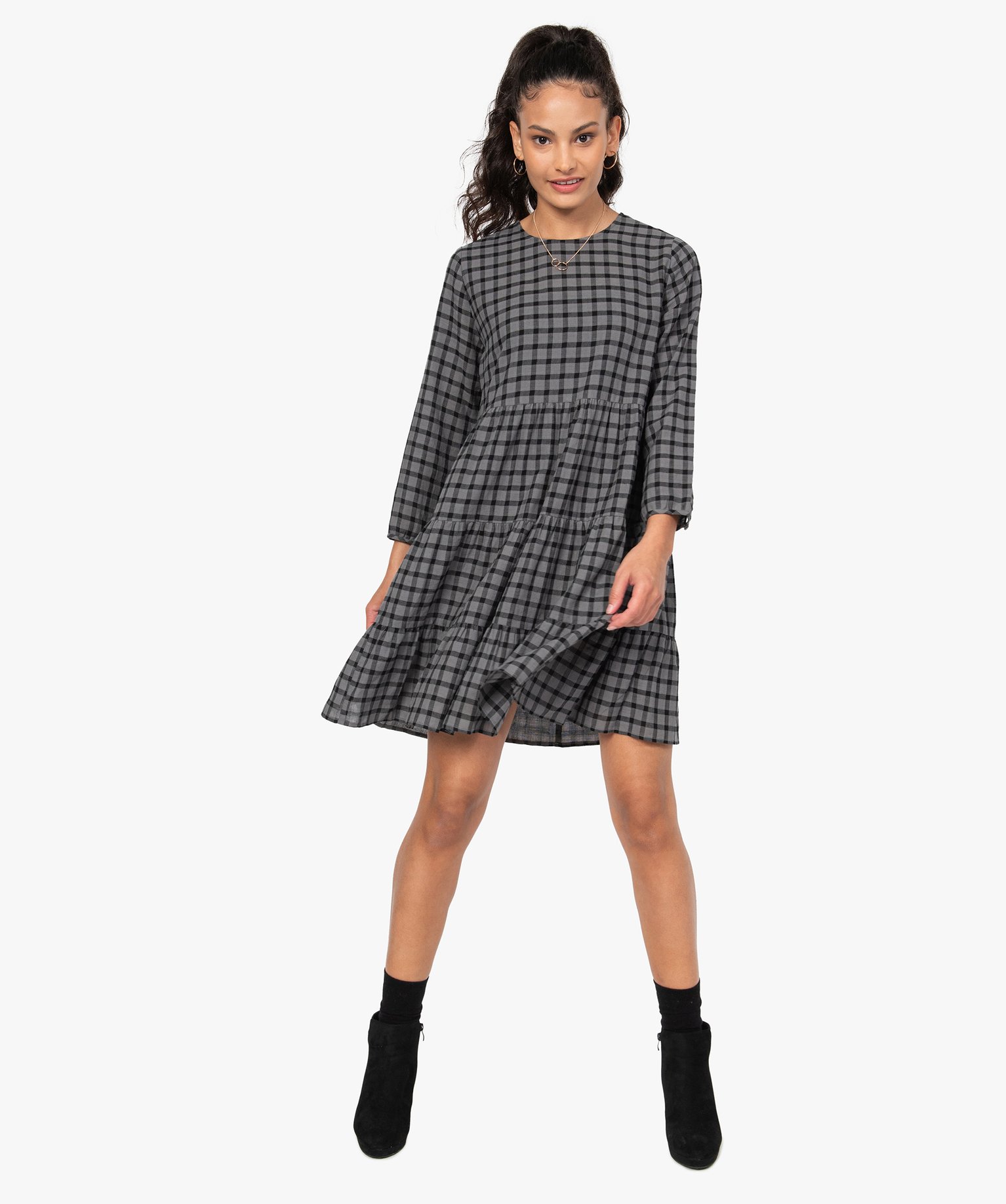 Robe femme ample à carreaux manches 3/4 | GEMO