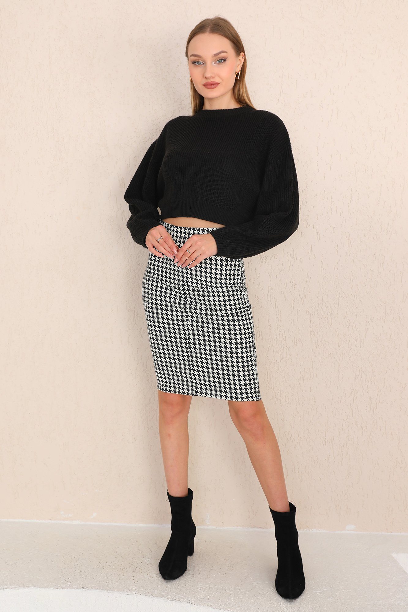 Bongual Midirock Bleistiftrock Bodycon Hahnentrittmuster