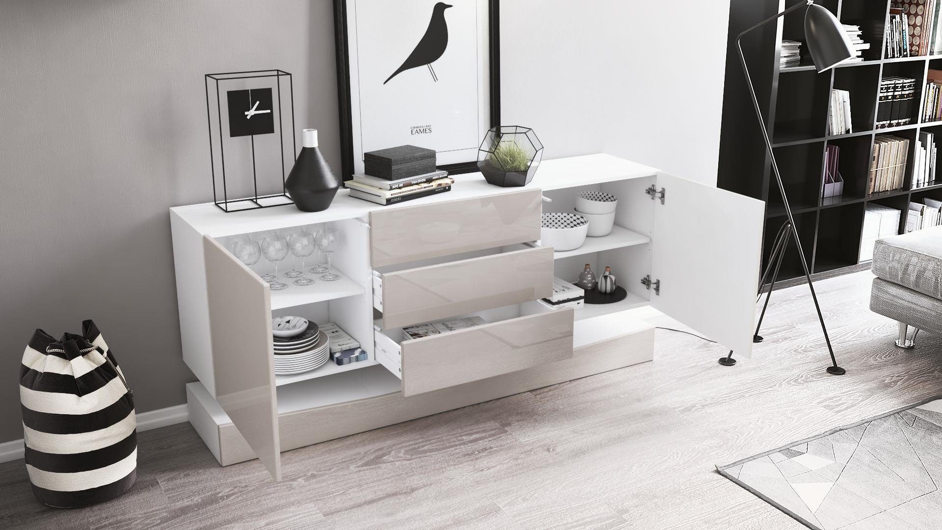 Vladon Sideboard City (Kommode, mit 2 Türen und 3 Schubladen), Weiß matt/Weiß Hochglanz (178 x 72 x 38 cm)