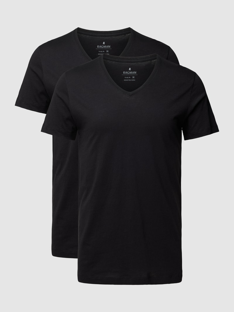 T-Shirt mit geripptem V-Ausschnitt in schwarz