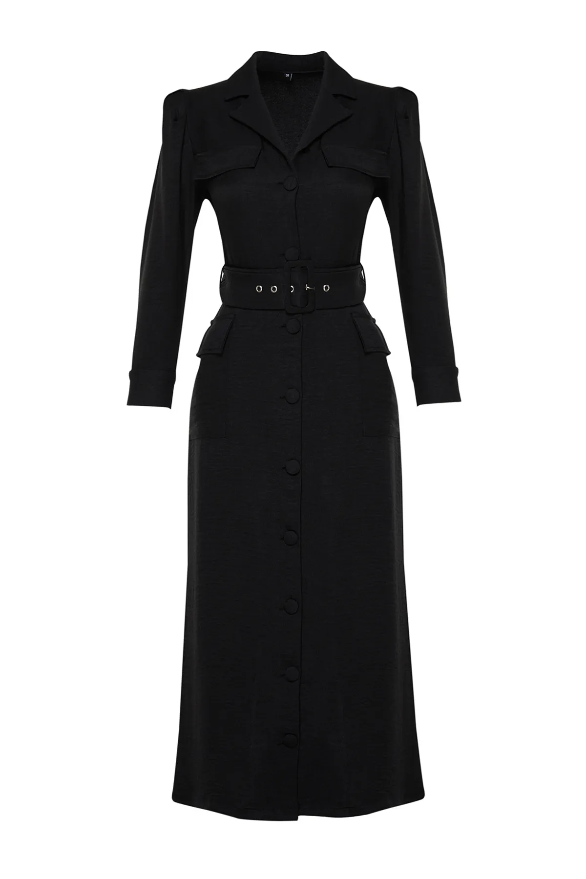 Trendyol Modest  Schwarzes gewebtes Hemdblusenkleid in Leinenoptik mit Gürtel TCTSS24EB00017