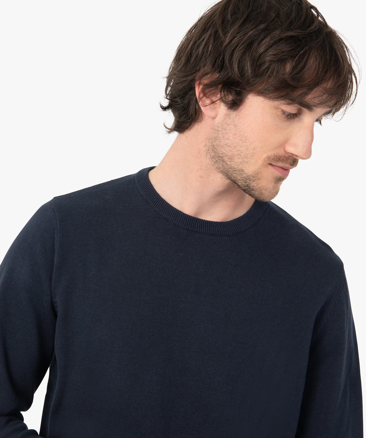 Pull homme à col rond en coton bleu | GEMO