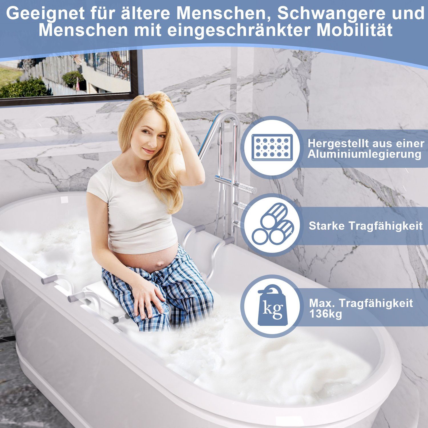 Yakimz Badewannensitz Badewannensitz 72-82cm Badesitz Weiß bis 136Kg Wannensitz Senioren