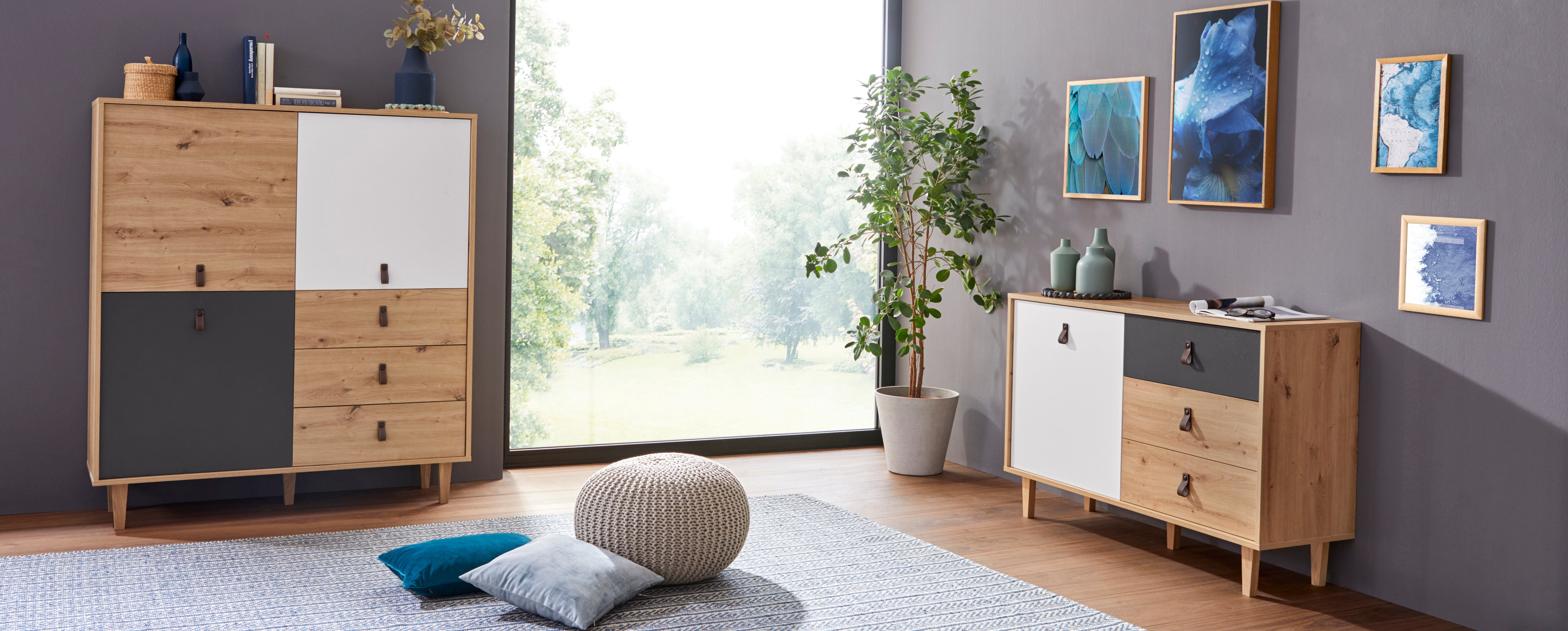 Homexperts Highboard Bristol, Breite 120 cm, Höhe 135 cm, mit massiven Eichefüßen