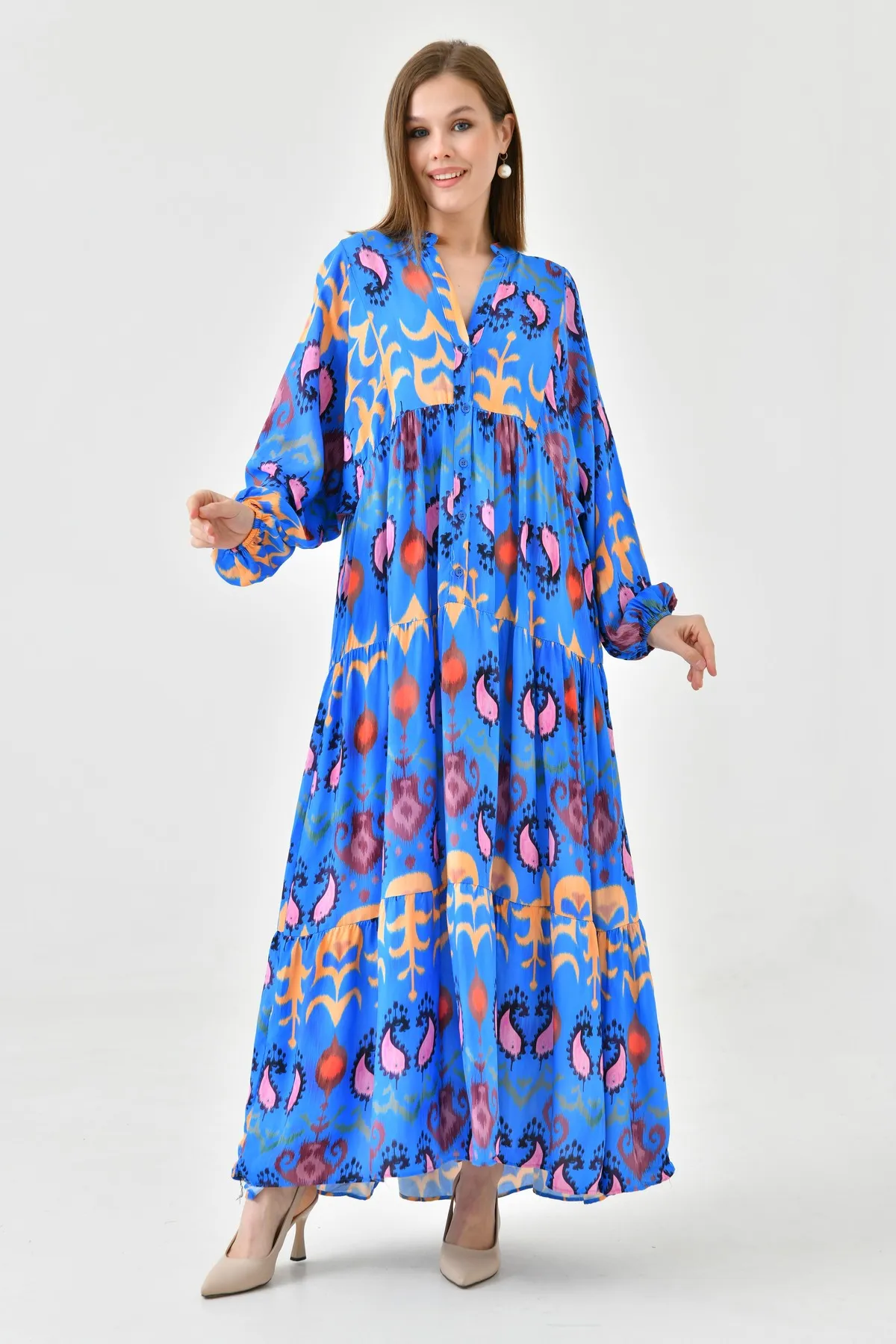 lovebox  Ethnisch gemustertes, geknöpftes, vorherrschender Kragen, Ballonärmel, Midi-Länge, weit ausgestellter Schnitt, blaues Sommerkleid 036