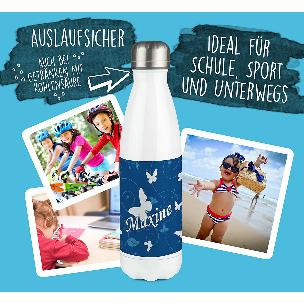 Edelstahl Kinder Thermoflasche / Trinkflasche bunt Schmetterling Ornamente Farbe blau Spülmaschinenfest, Auslaufsicher, Bruchfest, Doppelwandig, Für Heißgetränke geeignet, Mit Deckel, Isoliert