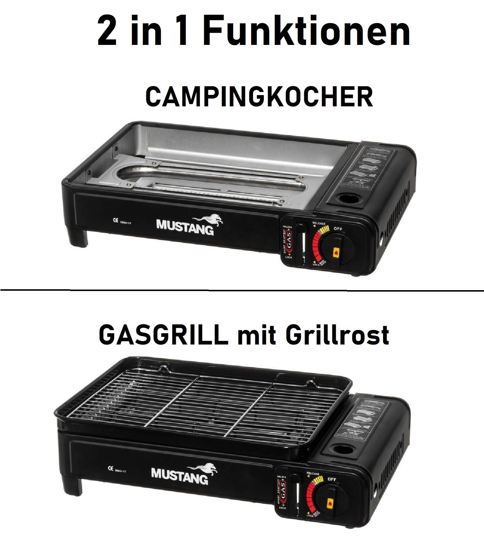 JUNG Gaskocher MUSTANG mobiler Campingkocher Gaskocher &Gasgrill inkl 4 Gaskartuschen, (2 in 1 Gaskocher, Extra groß, praktischer Transportkoffer), mit Piezo-Zündung, Extra groß - 43x28x11,2cm, mit Grillrost