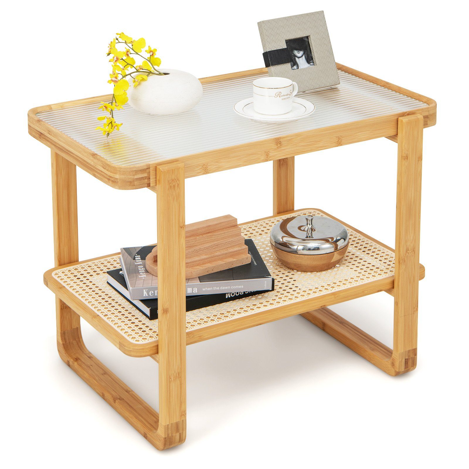 COSTWAY Beistelltisch, mit Glasplatte&Rattanablage, Bambus, 70,5x44,5x54,5cm
