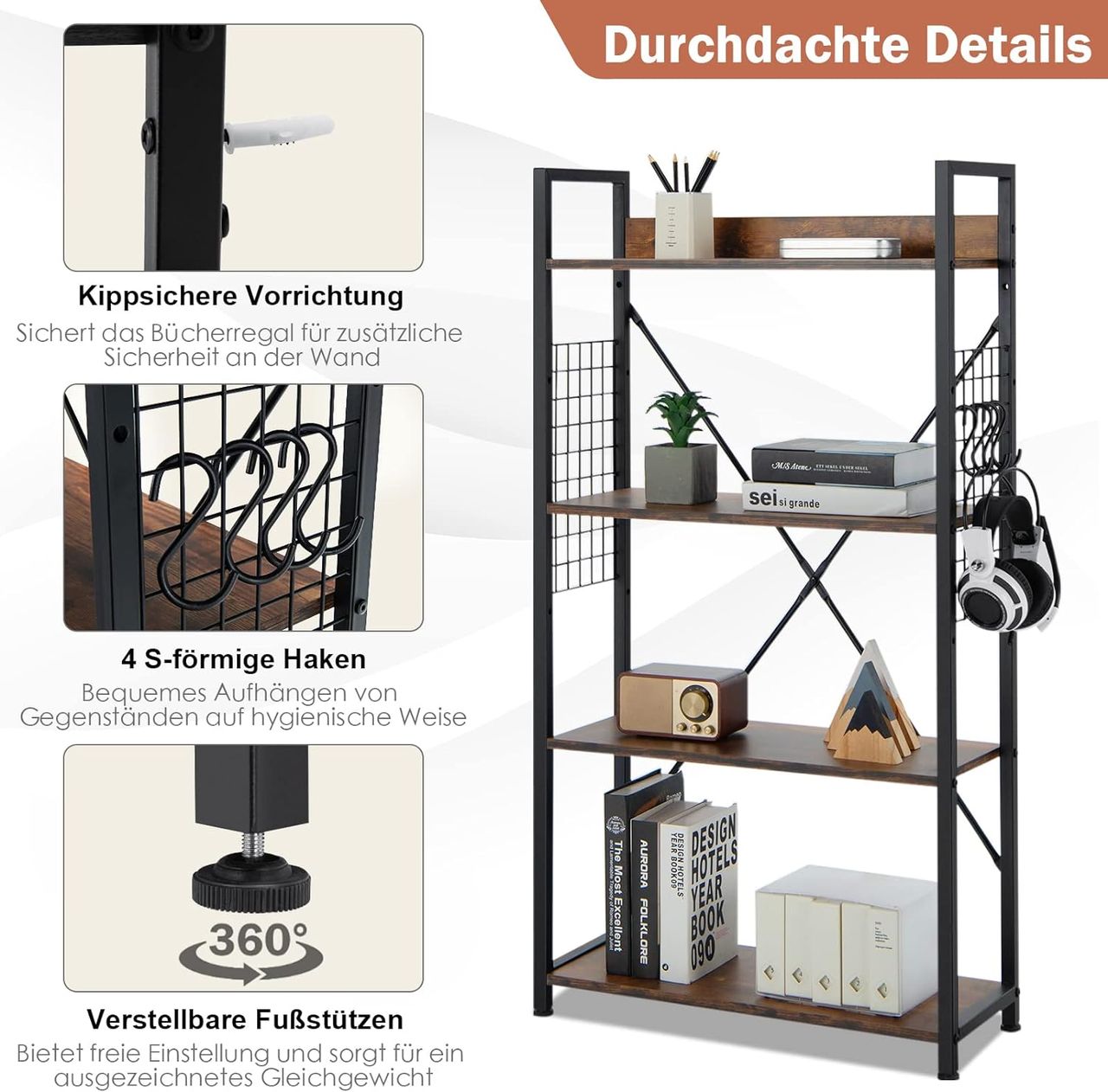 Costway Bücherregal Industriell, Standregal mit 4 Ebenen