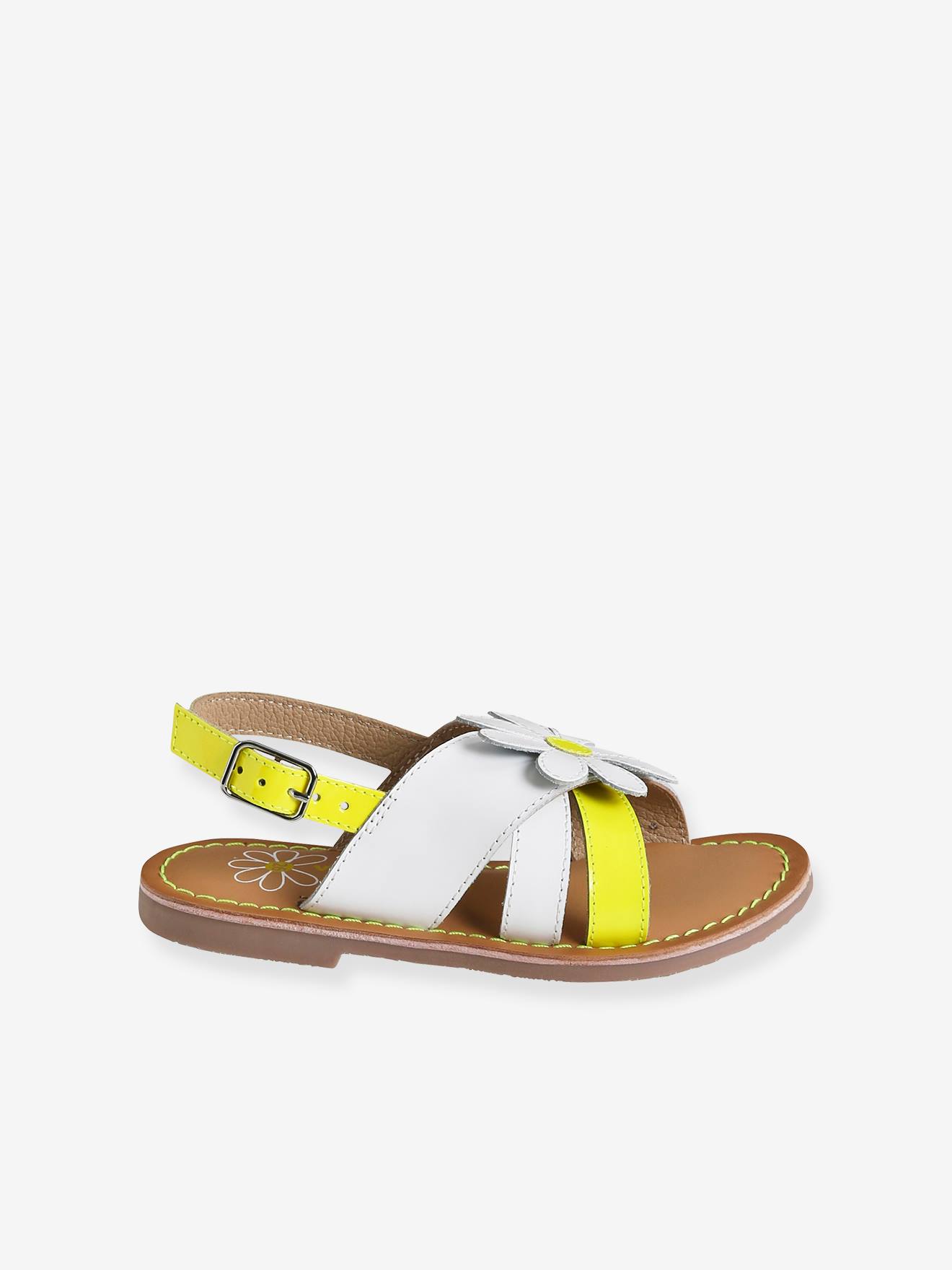 Sandales cuir et cuir fluo fille blanc