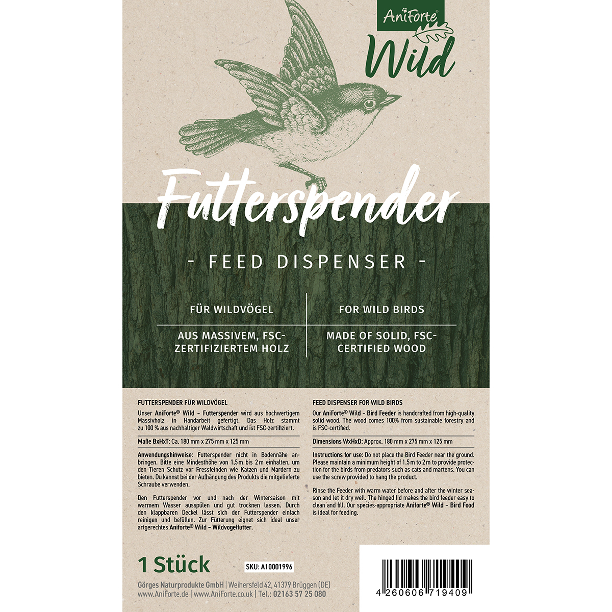 Aniforte Vogelhäuser & Nistkästen Aniforte Wild Futterspender für Wildvögel + 200g Futter
