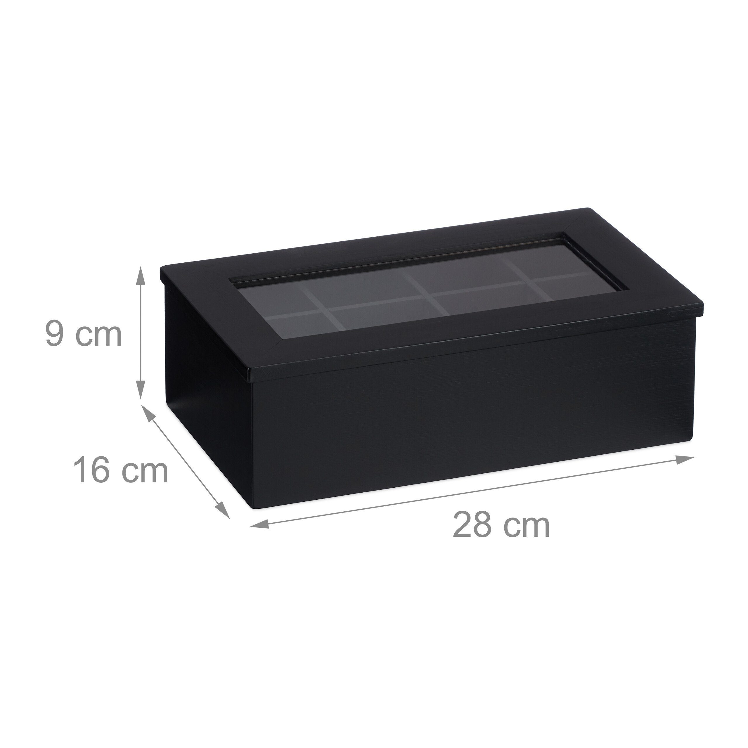 relaxdays Teebox Schwarze Teebox mit 8 Fächern, Bambus
