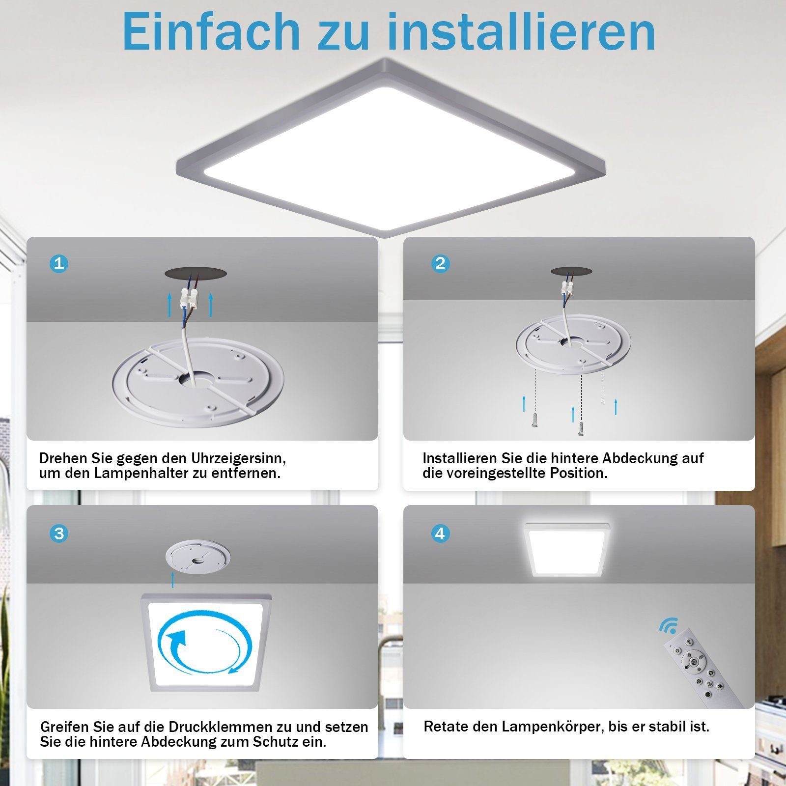 ZMH LED Deckenleuchte IP44 RGB Hintergrundleuchtung 28W Dünn Flach mit Fernbedienung, Dimmbar, LED fest integriert, warmweiß-kaltweiß, Quadratisch