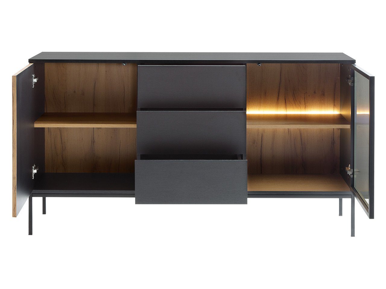Mirjan24 Kommode Sento KSZ154 (mit 2-Drehtüren und 3-Schubladen), mit LED-Beleuchtung, Schwarze Untergestell aus Metall