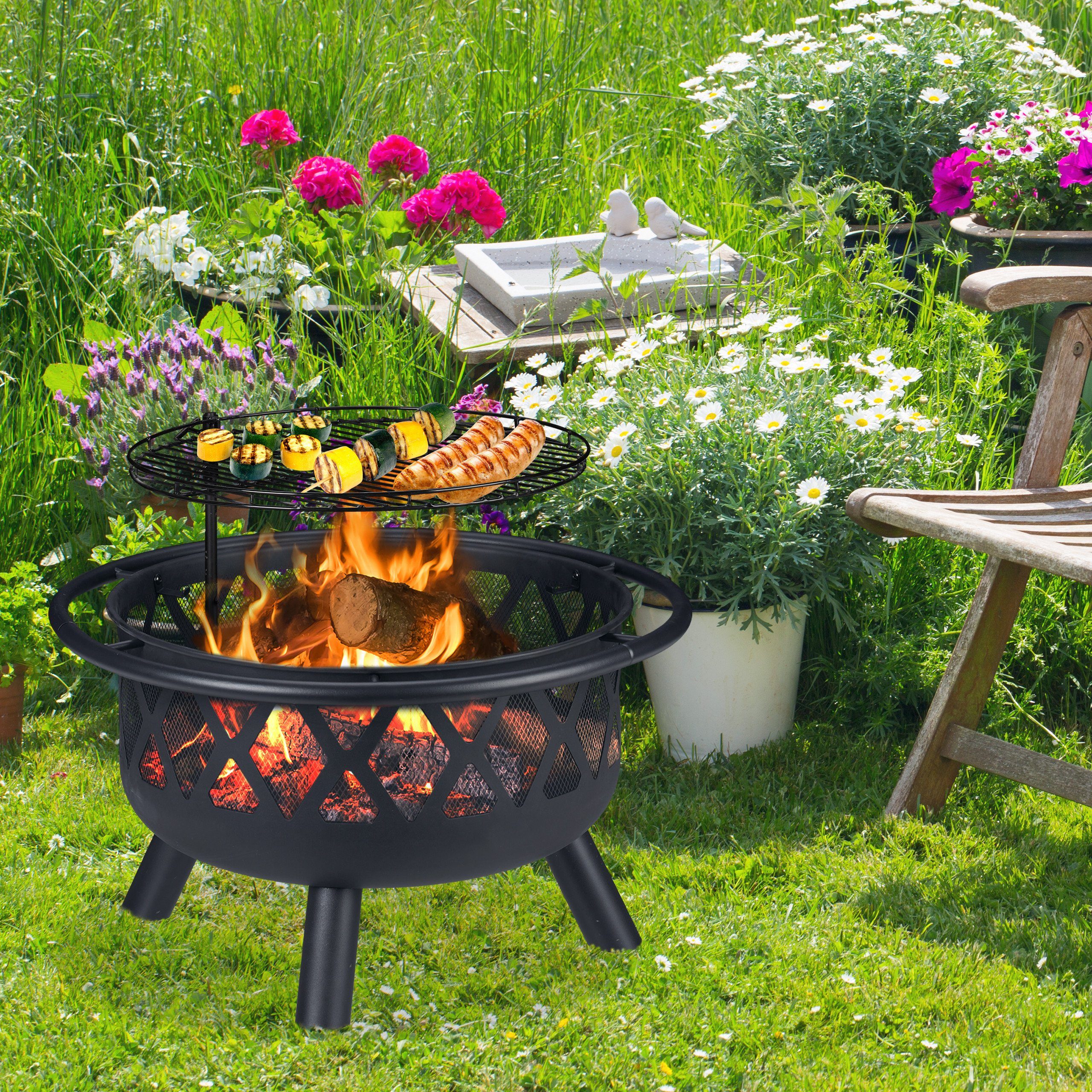 relaxdays Feuerschale Feuerschale mit Grillrost & Funkenschutz