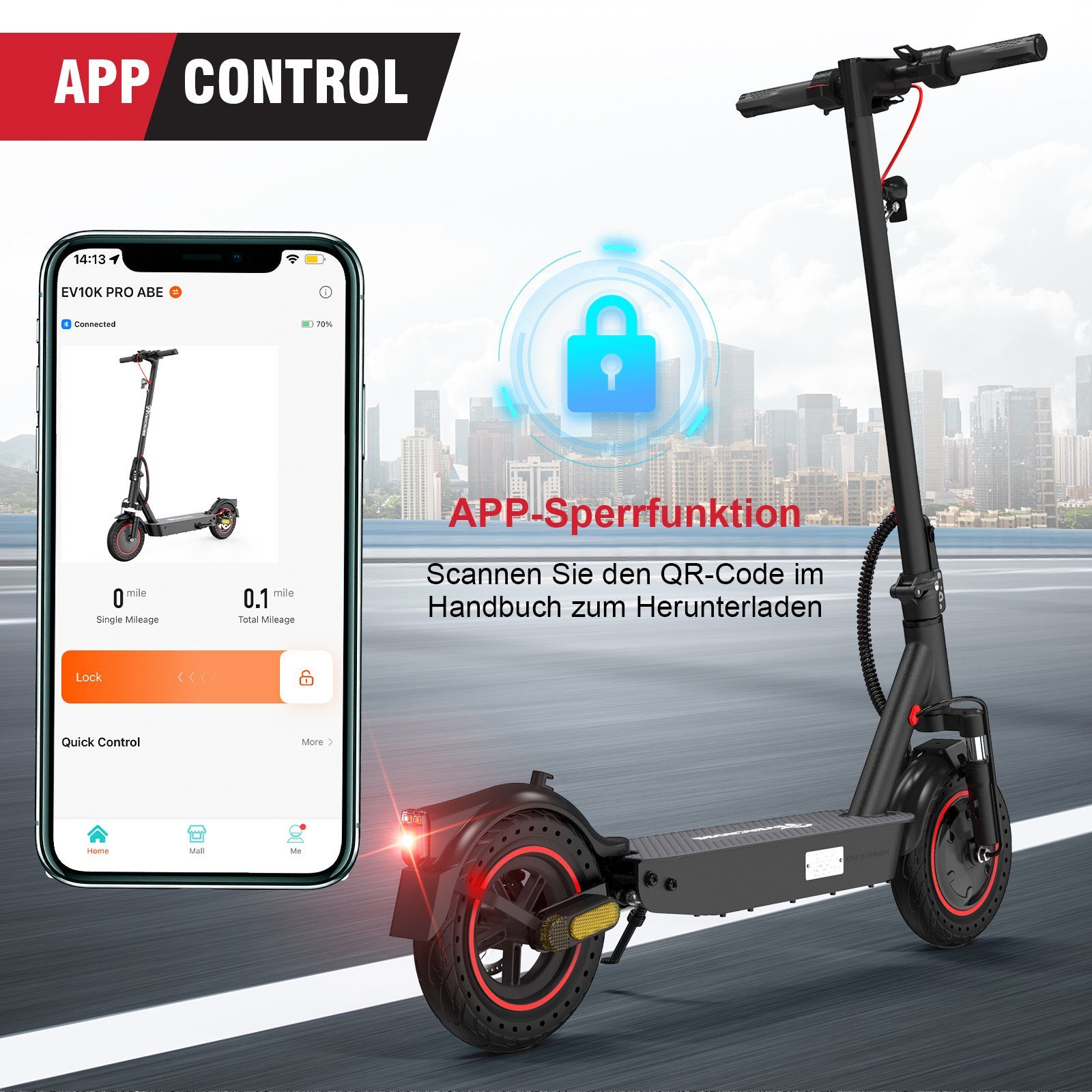 HITWAY E-Scooter 10 Zoll Klappbar E-roller 36V 10,4Ah mit Straßenzulassung und APP, 400,00 W, 20,00 km/h, APP-Sperrfunktion