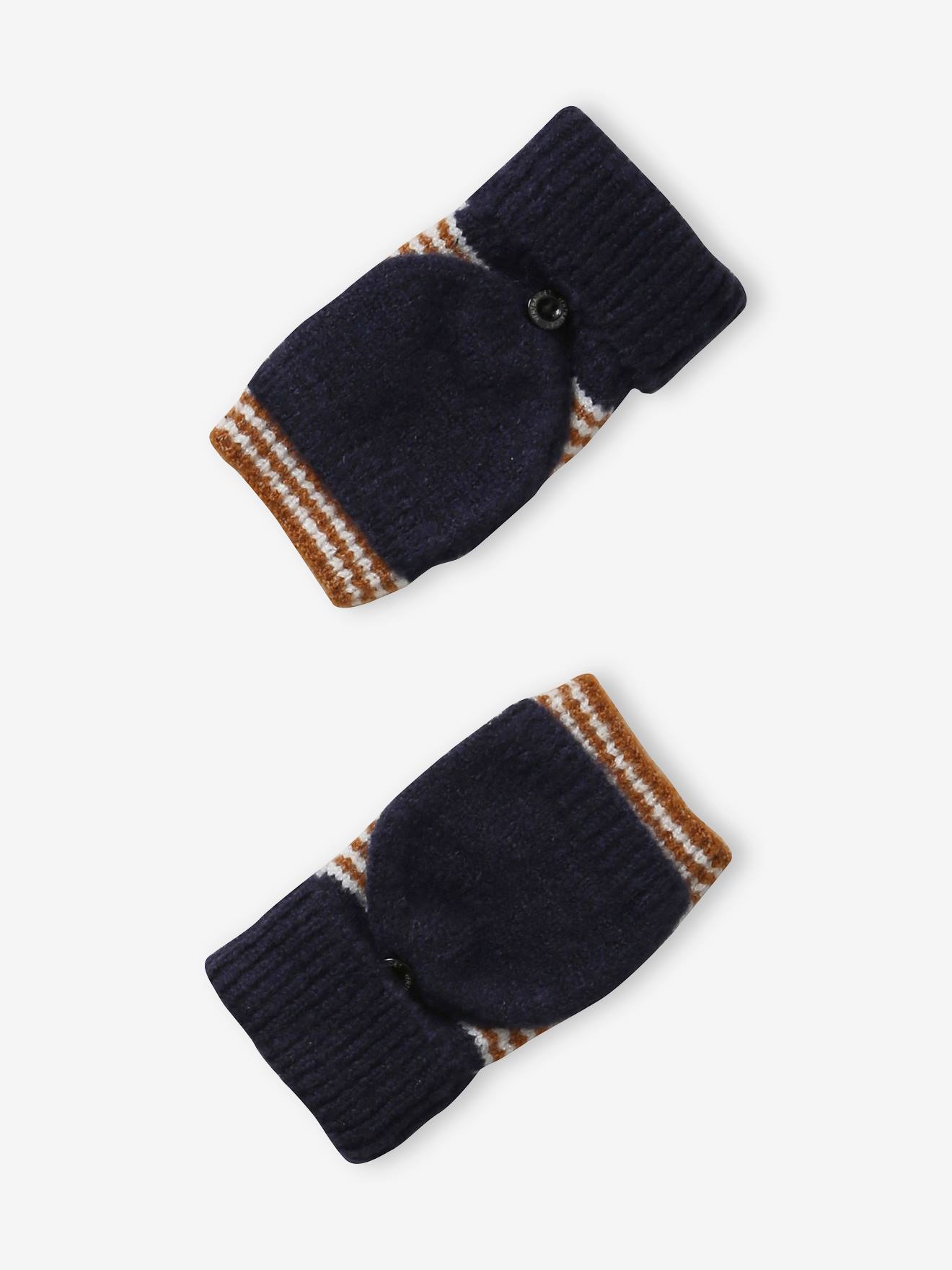 Vertbaudet Jungen Strick-Set: Mütze, Rundschal & Handschuhe, Streifen - marine
