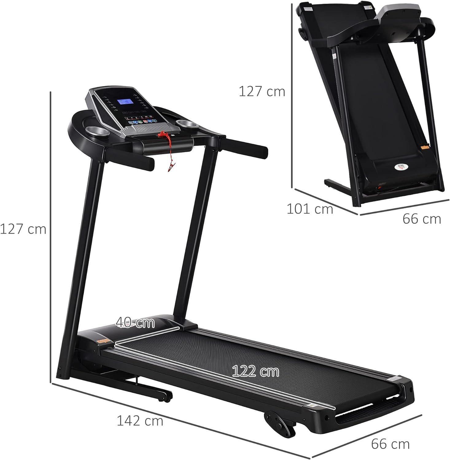 HOMCOM Laufband (Laufband Klappbar elektrisch 500W 1-12,8 km/h mit LED-Display), Handyhalterung für Home Gym Indoor Fitness Stahl ABS 142 x 66 x 127 cm
