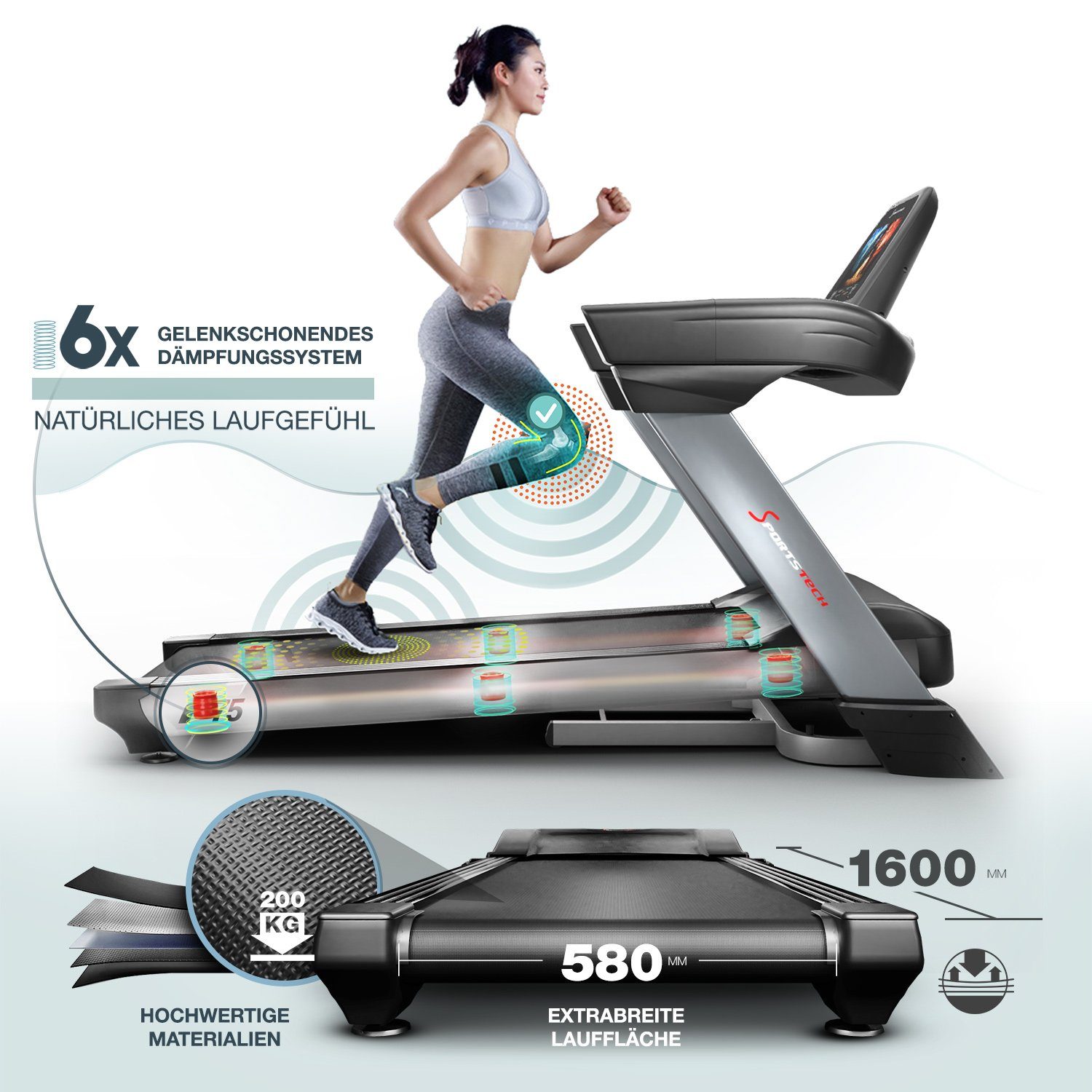 Sportstech Laufband F75, Tablethalterung, Handpulsmessung, MP3