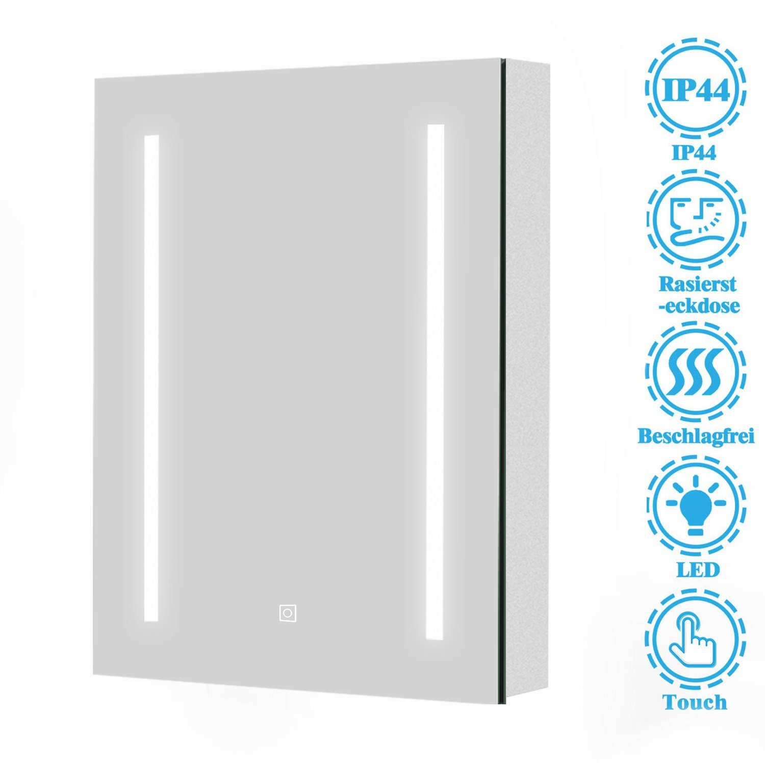 duschspa Badezimmerspiegelschrank 45-80 cm LED Spiegelschrank Touch Schalter, Beschlagfrei, Kaltweiß Rasiersteckdose, Aluminium