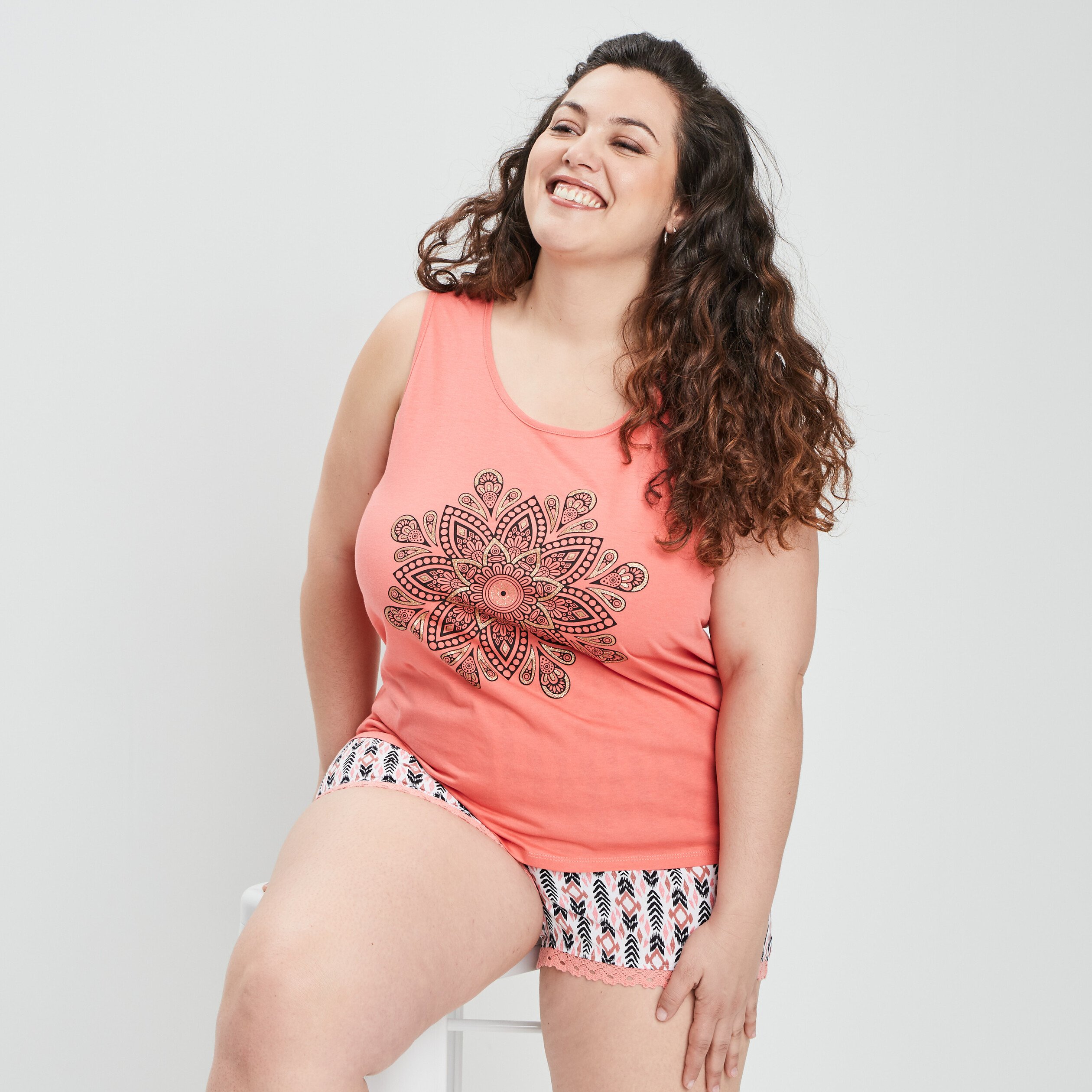 Ensemble pyjama 2 pièces orange corail femme grande taille | La Halle