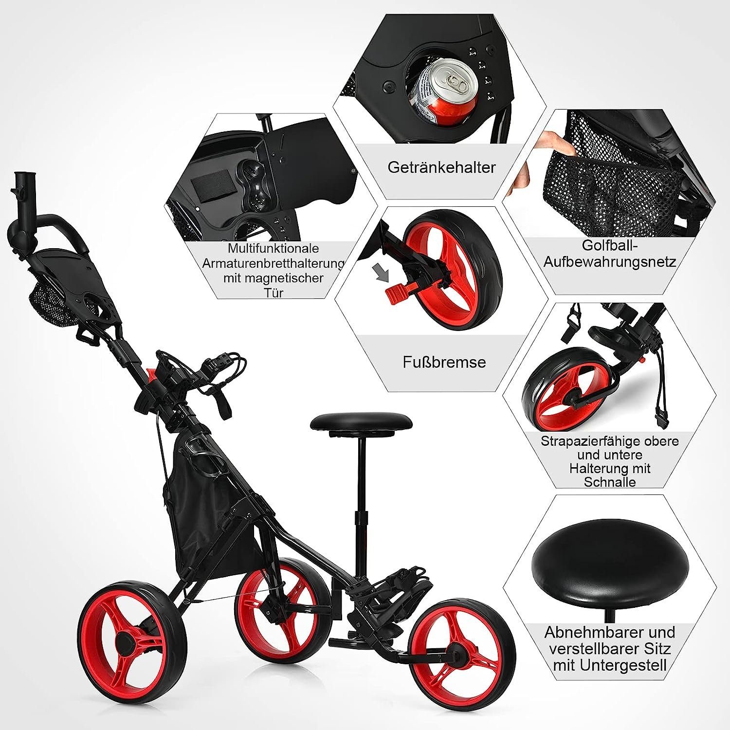 KOMFOTTEU Golftrolley Golfwagen, 3-Rad Trolley, mit abnehmbarem Sitz