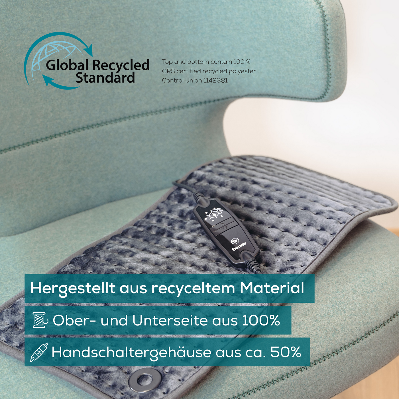 Beurer XXL-Heizkissen HK 123 XXL Cosy Grey Green Planet-Atmungsaktives Heizkissen im XXL-Format aus der Green Planet Reihe